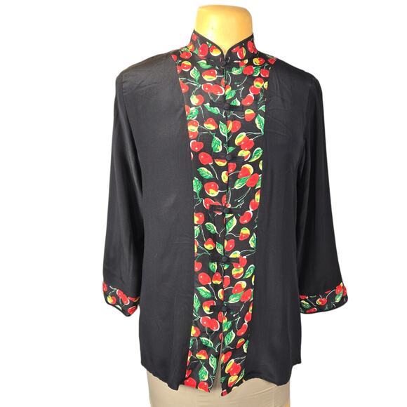 Beat Rice Women's 100% Silk Top Medium Black Cherry Print Mandarin Collar Italy - Picture 1 of 11